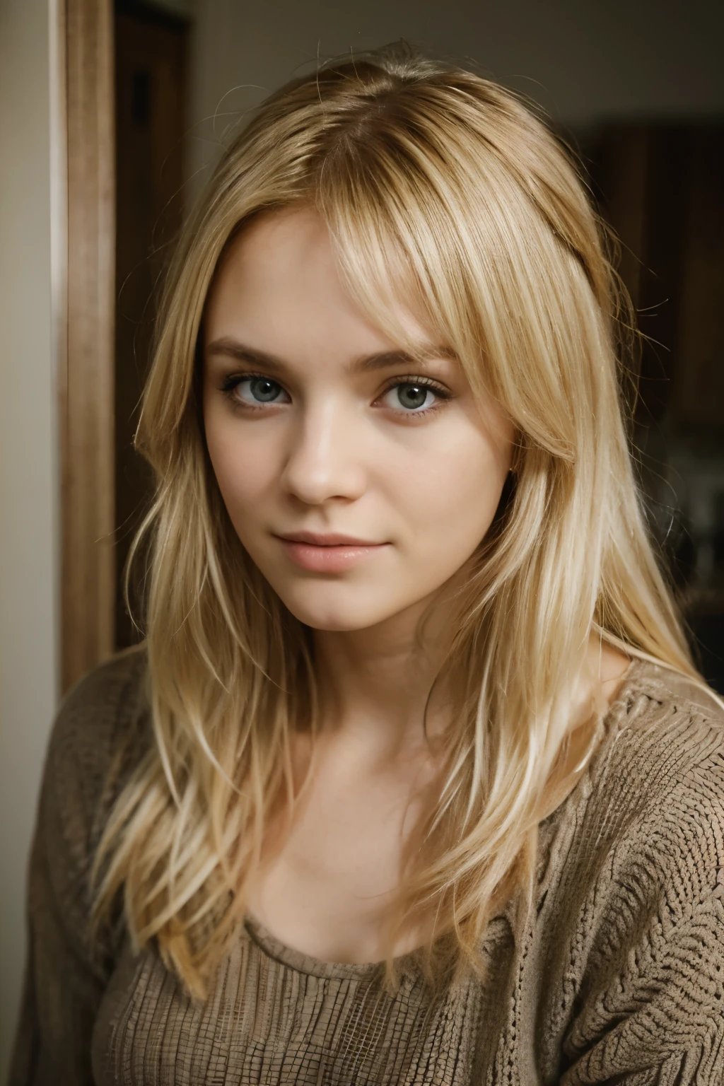 portrait of blonde 20 years old women medium hair length in lingeri