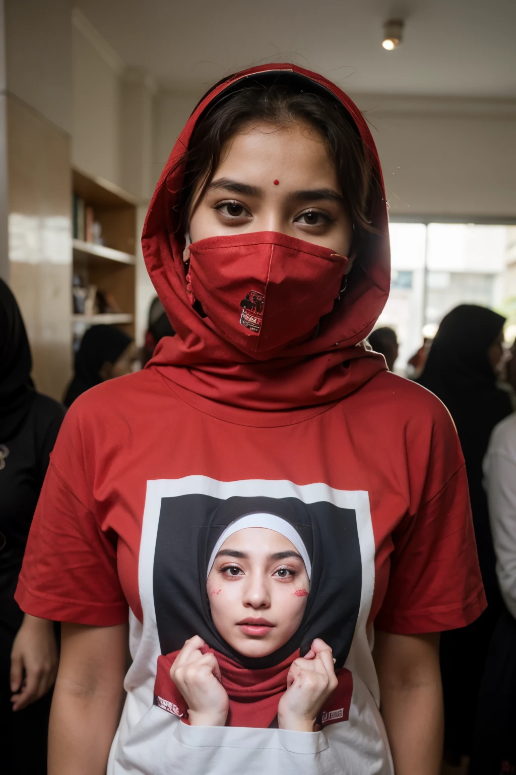 A 20-year-old Bangladeshi girl with a mask on her face and a hijab on her head is holding a red t-shirt