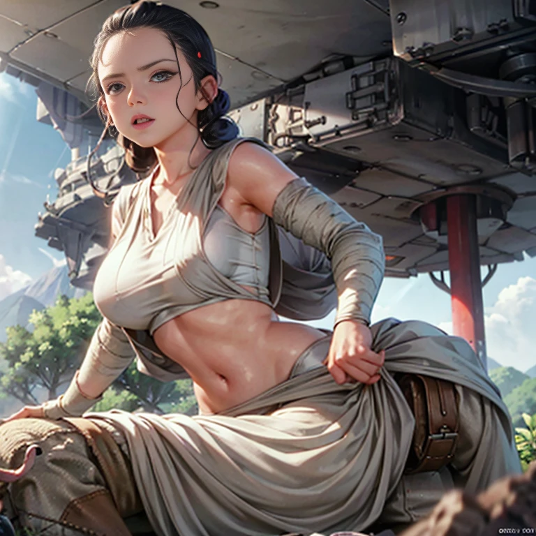 Rey star wars, ultra realistic, overflowing breasts,   big thighs, looking at her own ass, ripping clothes,    huge breasts, red eyes, smile, one hand on her ownass, other hand on her own boob, round butt, in a   desert hut, tight clothes, erect