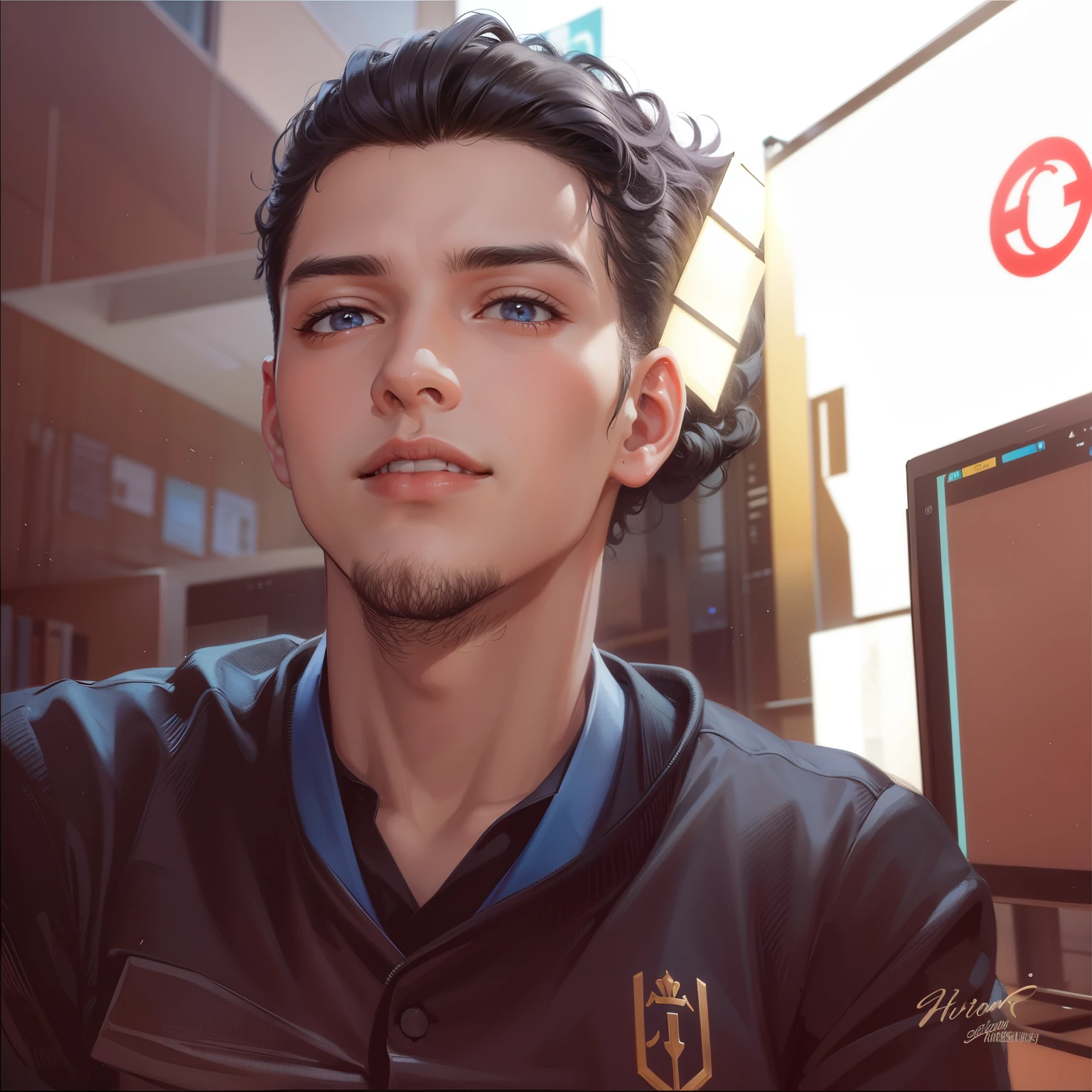 Attractive profile picture, masterpiece, ultra-precise rendering, beautiful and cool young man, wearing a business suit, trustworthy, dependable young man, savior of the world, design, most beautiful image, 4K, curly hair, black hair, black esport jersey
