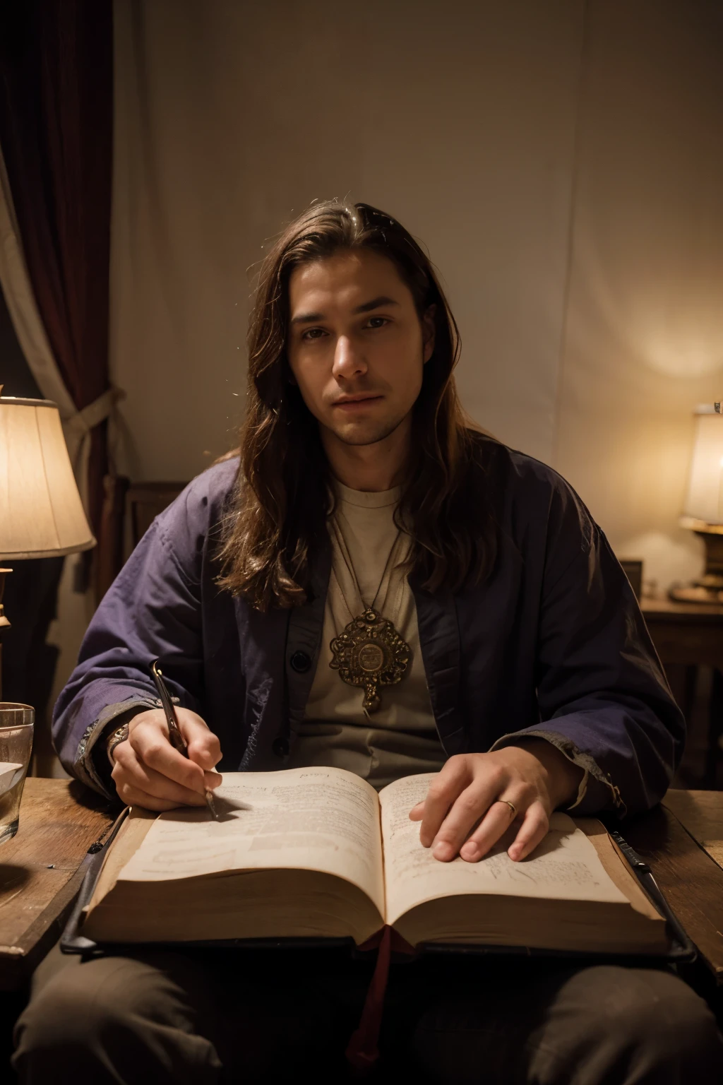 Photo realistic inside a royal purple and scarlet tent is a fair skinned medieval king surrounded by courtiers, seated on a chair peering over an ancient book open on his lap with detailed, intricate and ornate medieval drawings and unreadable script.