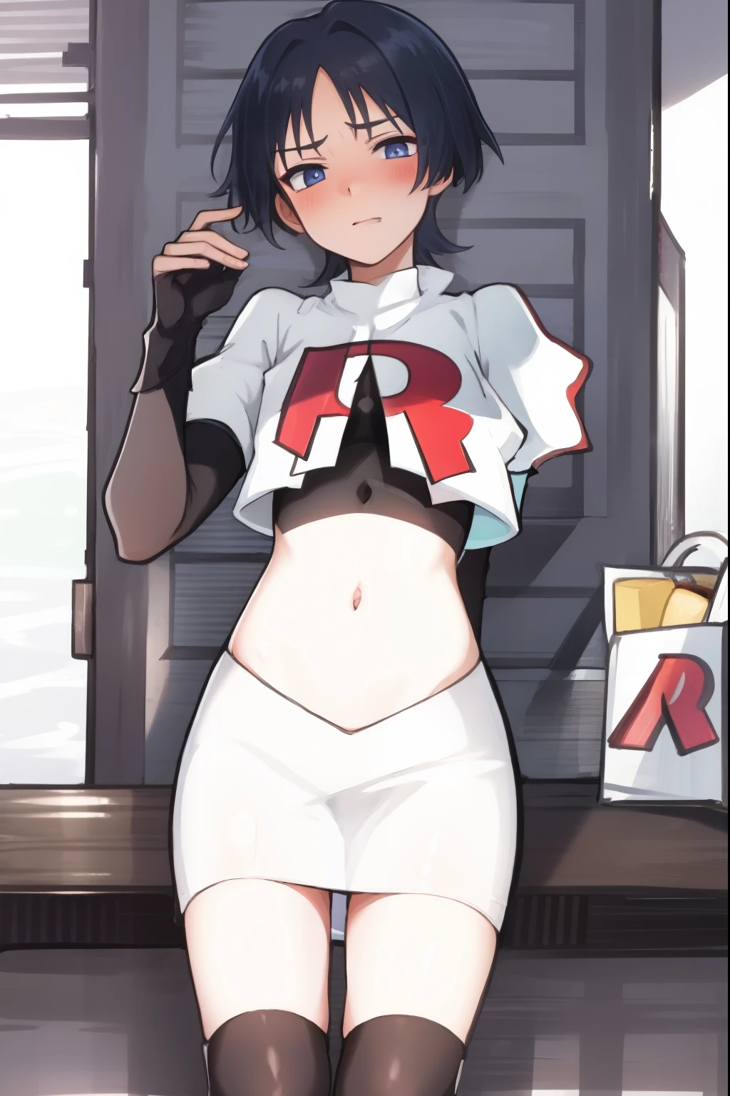 absurdres,masterpiece, trap, best quality, highres, high quality, 1boy, solo, male focus, hair, crossdressing,1boy,team rocket,team rocket uniform,white skirt,red letter R,crop top,black thigh-highs,black elbow gloves, embarrassed, blush