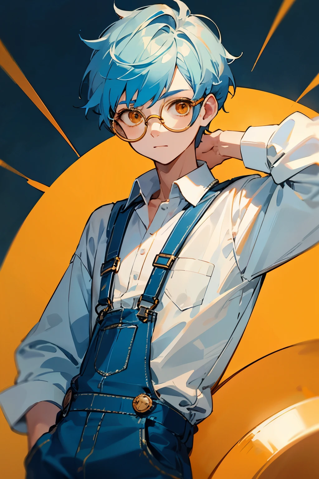 Boy with light blue hair, white shirt, light blue overalls, orange eyes, round glasses with a golden pocket watch hanging from his neck