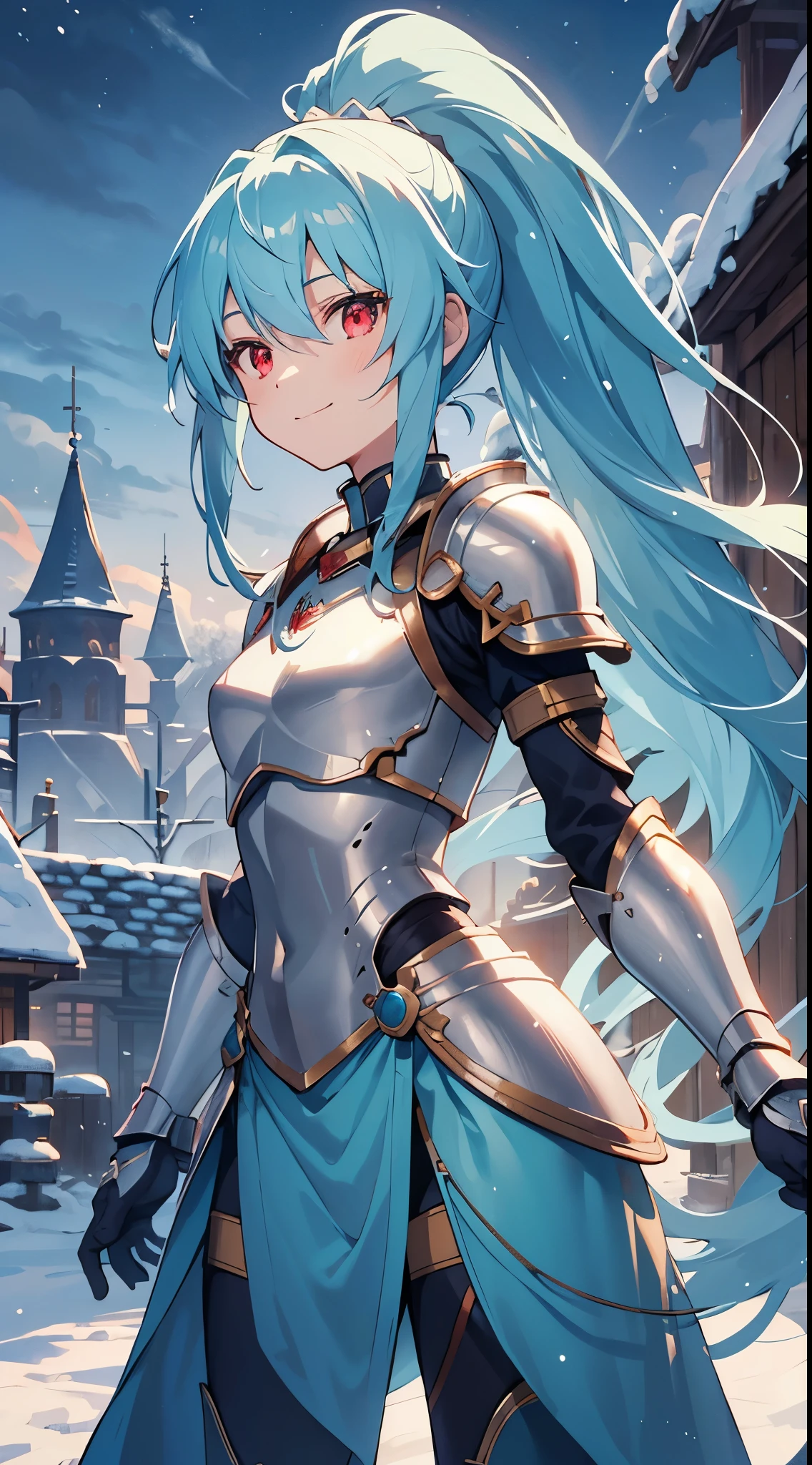 [[[ ultra-detailed, best quality, soft skin, beautiful, 4K]]] cyan hair, silky hair, red eyes, long hair, ponytail, medium hair, light armor, breastplate, slim body, dynamic angle, snowy village, princess, small smile. hairpin, nighttime