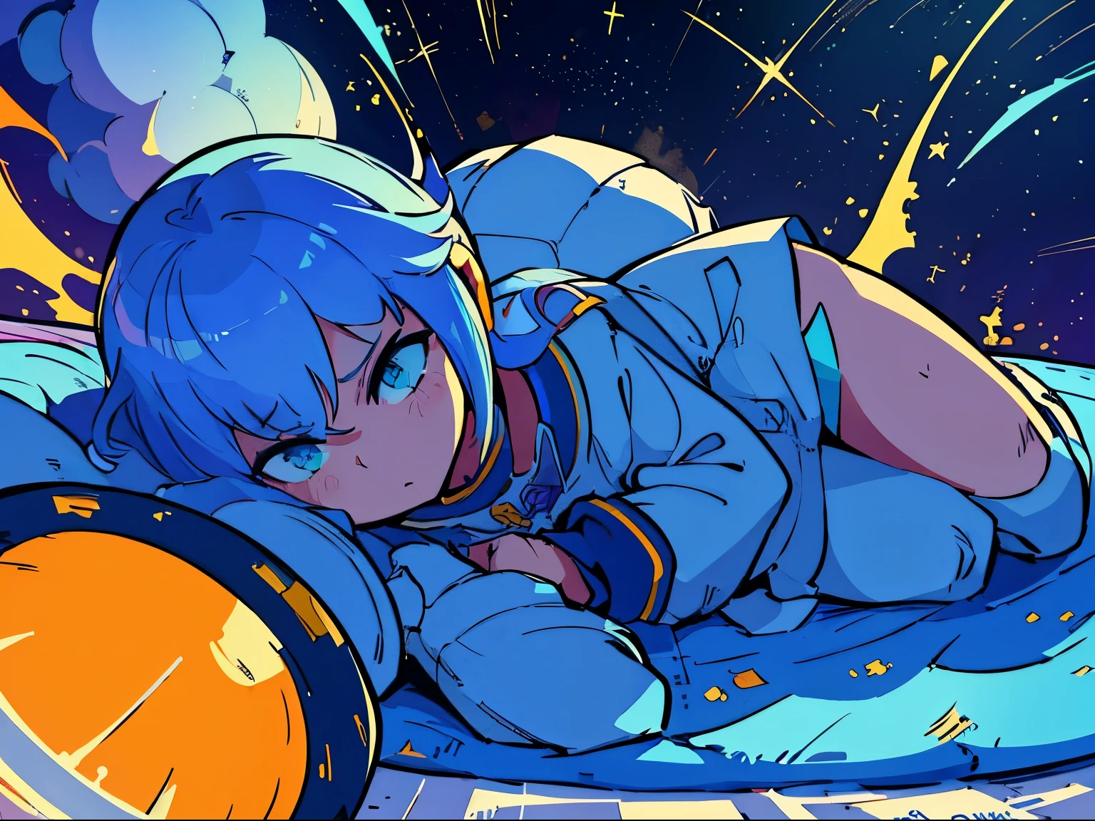 Um astronauta homem, drifting in space, in the middle of the void, with a blank expression, pele parda, cabelos pretos, nave destruida ao fundo, not worried, olhos castanhos, traje azul meia-noite, poster, 8K