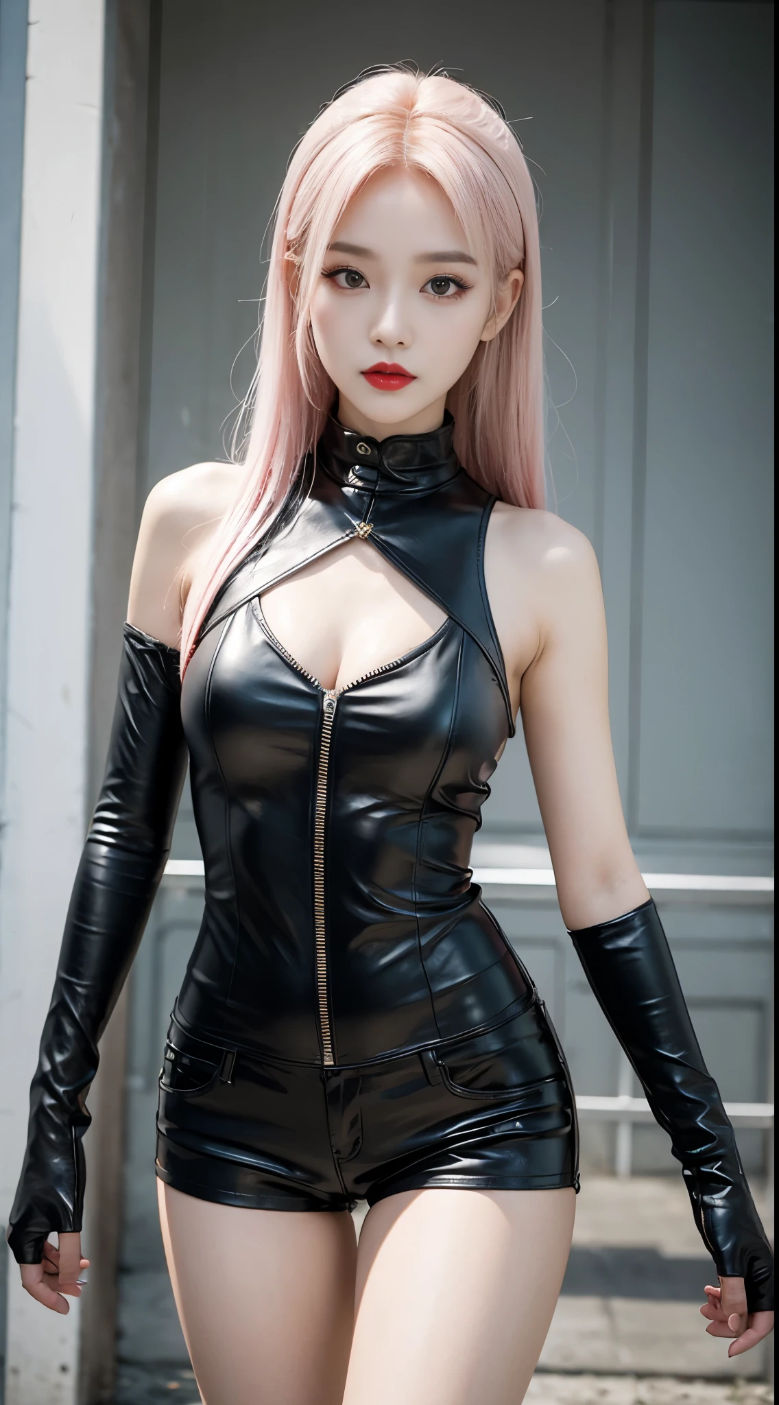 (8K, top-quality, masterpiece:1,2), (reallistic, Photorealsitic:1.37), Super Detail, One girl,), (Highly detailed), (beautifully detailed eyes), (of the highest quality), (super detailed ), (masterpiece), (Detailed face),20yr old, ,1 girl, ((pink hair,Very short hair)), medium breasts, clothed, Perfect Lighting, BREAK (black leather bodysuit:1.4), V-neck, open back, belt, (black leather leggings:1.4), gold zipper, gold button, gold chain, (black leather high heel boots:1.3), gold heel, gold toe, gold necklace, gold earrings, gold bangle, black leather gloves, (red embroidery on the chest:1.2), BREAK bangs on left side, right ear visible, cool and sexy smile, eyes looking at camera, lips slightly open, right hand on waist, left hand on neck, playing with necklace, back slightly arched, standing by window, city buildings in background, wind blowing hair and clothes, natural light from window, gold accessories and embroidery shining