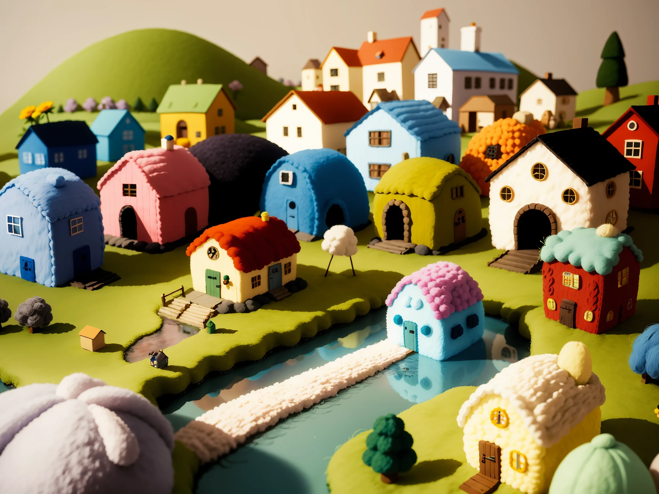 cute world of wool felt, wool knitted fabric, cartoon, some small houses, farms, barracks, warehouses, flower houses, super cute, superb lighting, volumetrics, by Jon Klassen, Ghibli Studio style, Tilt - shift, 80mm lens, Large aperture, 3d, blender, masterpiece, super detail, best quality, --v6