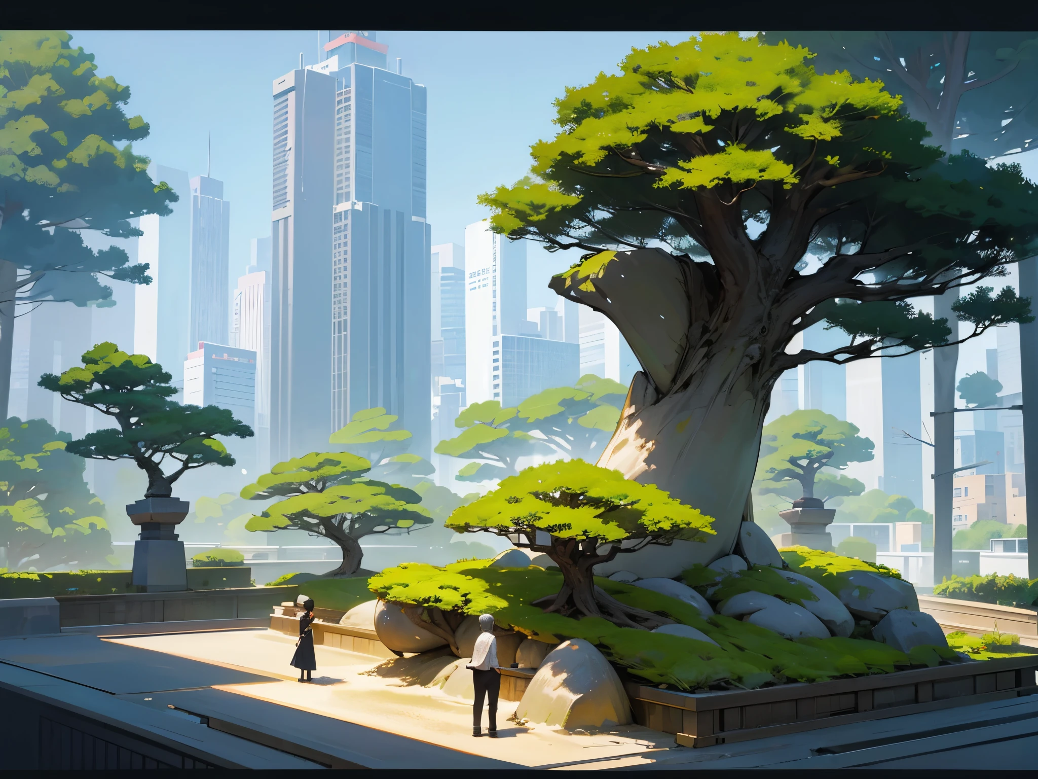 Beautiful landscape photos of japan, high res, nature, ultrasharp and 8K qualities. There will be no people.   A modern city park with a Japanese Zen garden. Combine skyscrapers with meticulously designed rock formations, sand, and bonsai trees for a unique blend of nature and urbanity.