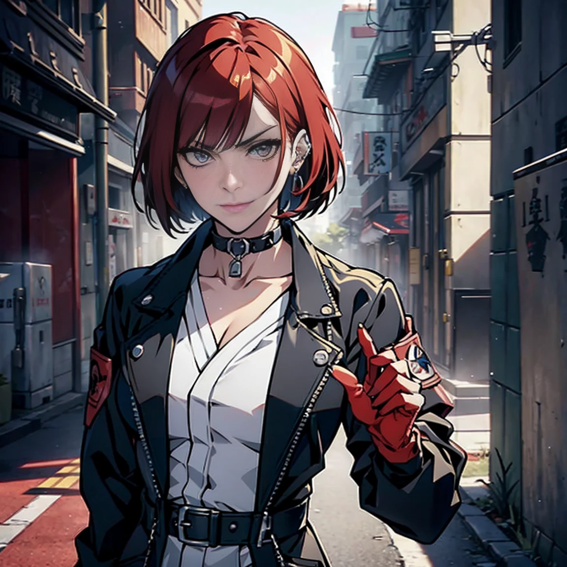 in the art style of persona5 and in the art style of street of rage 4, delinquent, (sukeban), mature_female, blush, mature, older woman, 25 years old, Sukeban teacher outfit, (1girl, solo female, solo, solo focus)++++, choker, sukeban teacher, sukeban fighter, long_sleeves, open jacket, blue jacket,( jean)+++, light skin tone female, full body, jacket, biker jacket, tape, arm_support, gloves, red_gloves, bridal gauntlets, nail polish, boots, black_footwear, fighter outfit, full body, hourglass, mature face, cheeky smile, cheeky face, wrinkles, (red hair, short hair, bob cut, earrings, ear piercings), red eyeighting art, Martial arts, standing, fighting_stance, fight, fighting), extra colors, 2D, megapixel, perfectionism, accent lighting, full HD , (Masterpiece:1.2), (full-body-shot:1),(cowboy shot:1.2), (Highly detailed:1.2),(anime Detailed Face:1.2), Colorful, A detailed eye, (Detailed landscape:1.2), (natural lighting:1.2), ((sukeban school teacher)) by Vincent Di Fate: Aidyllery, Anamorphic Shot, rule of thirds, face by Artgerm and WLOP,