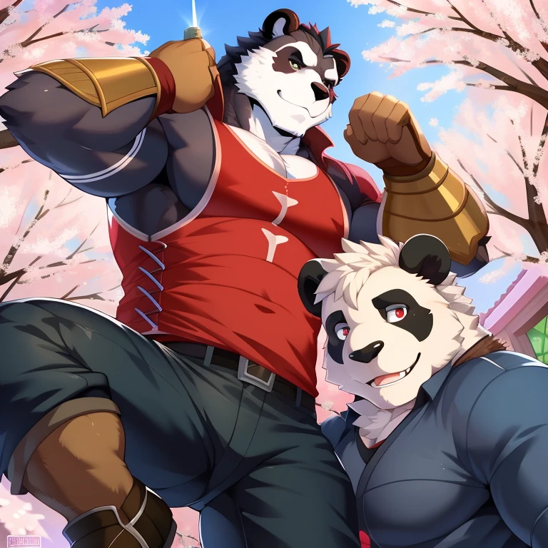 Por null-ghost,panda,musculoso,cabelo de samurai,camisa branca,black jeans pants,bota preta,relogio,foice,macho,ar livre,arvores de serejeira,sakura,dynamic camera,detalhado