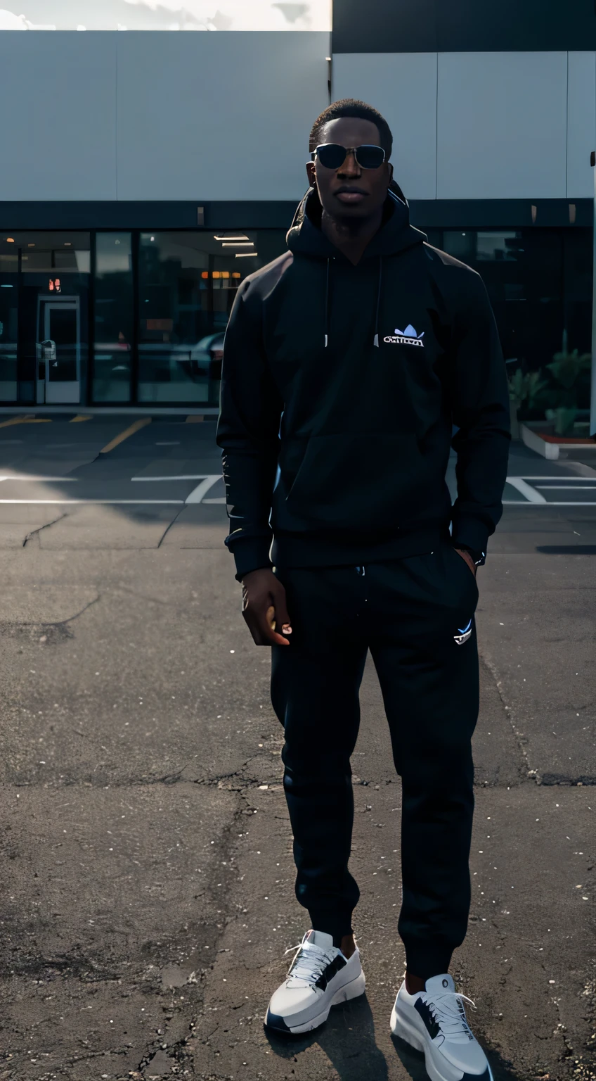 Black male, 6'2, medium body build, standing in front of a Porsche dealership, in adidas joggers, and tech hoodie with dark sunglasses, ultrarealistic
