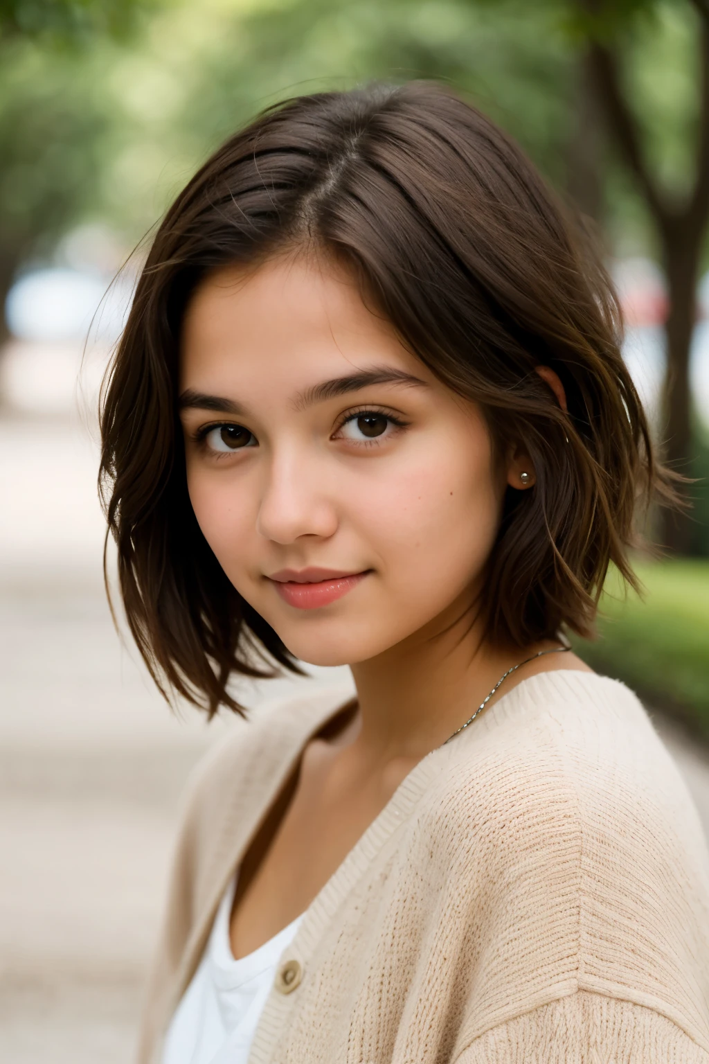 A young girl with short straight brown hair and brown eyes