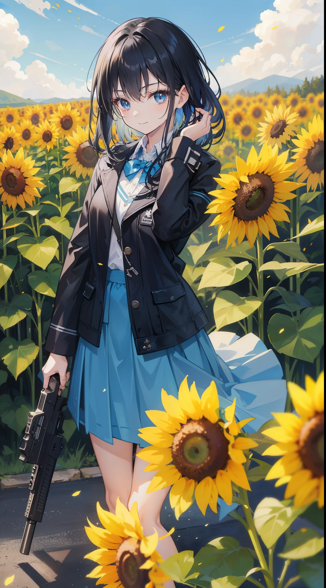 32k, 1girl, solo, looking at viewer, smile, bangs, blue eyes, skirt, black hair, long sleeves, holding, hair between eyes, closed mouth, jacket, weapon, flower, outdoors, sky, day, cloud, chibi, holding weapon, blurry, blue sky, blue skirt, gun, petals, depth of field, blurry background, holding gun, rifle, yellow flower, sunflower, field, flower field,