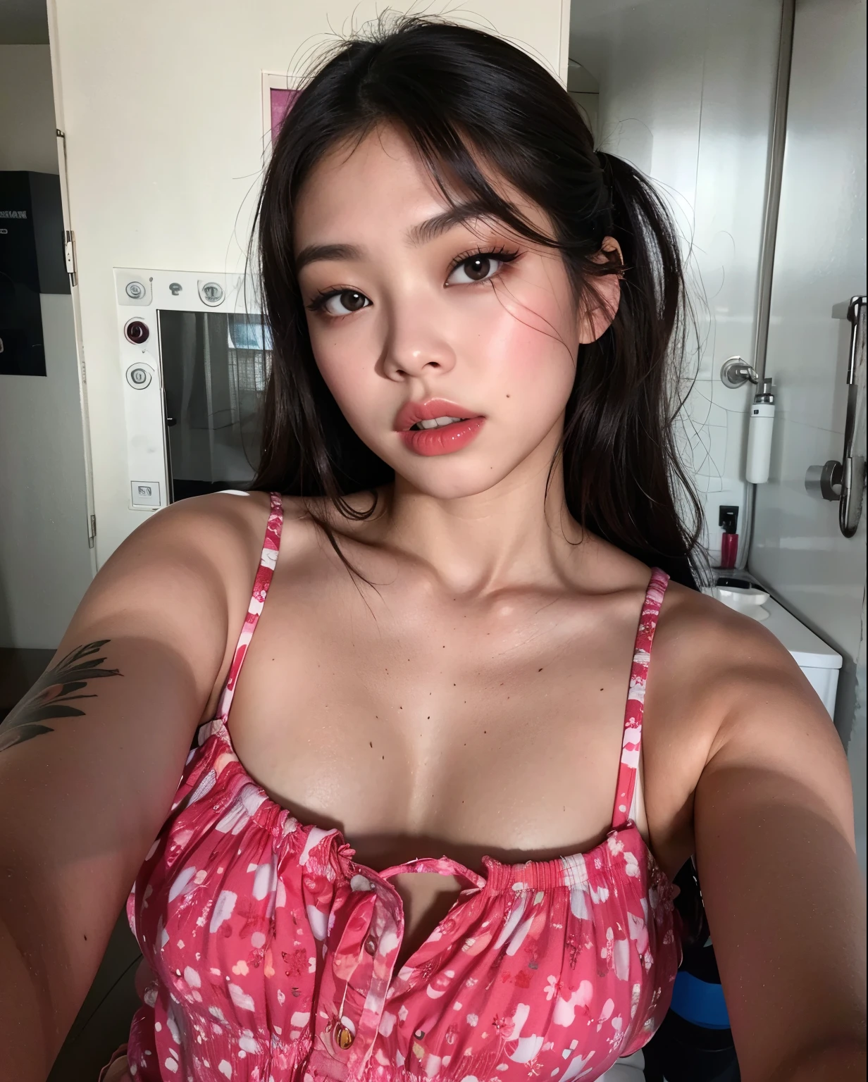 There's Jennie in a pink top posing for a photo., Tu cara enrojecida y sudando, Selfie de una mujer joven, Violeta Myers, sin maquillaje, usar una camiseta sin mangas escotada, ella tiene un brillo proveniente de ella, he is about 20 years old, he is about 2 0 years old, brillante, she is about 1 6 years old, dia caluroso, Jennie Blackpink