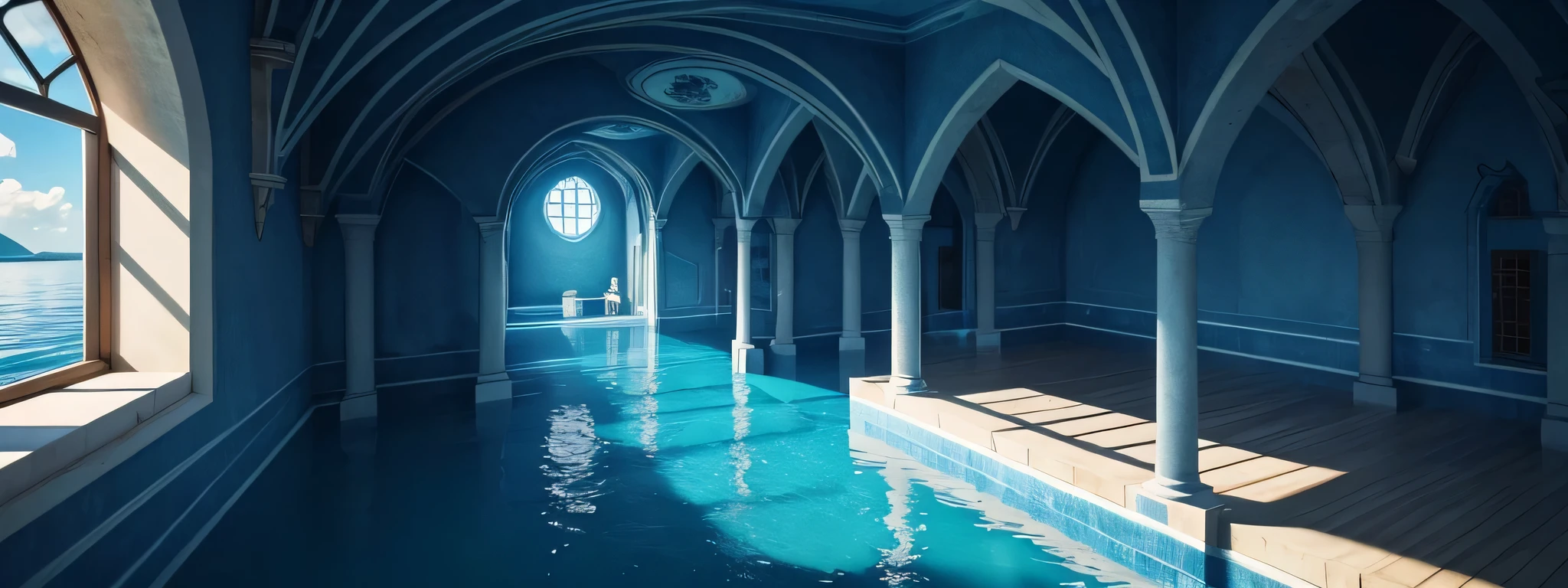 multi-level room with corridors and tunnels, filled with water, Maze, blue color, on the walls of the room and the reflections of the sun in the water, Mysterious Place, dream, sun in blue water,