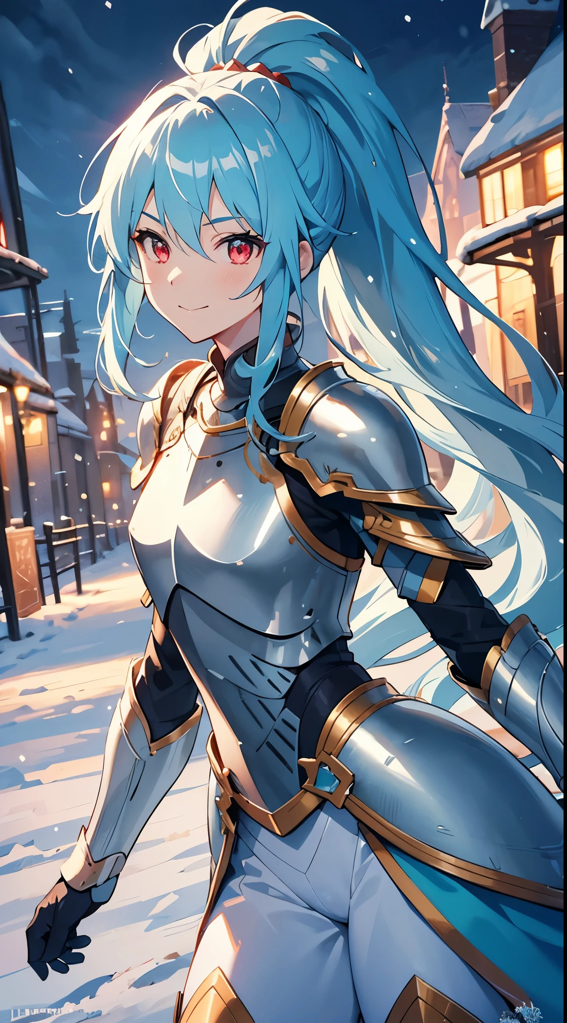 [[[ ultra-detailed, best quality, soft skin, beautiful, 4K]]] cyan hair, silky hair, red eyes, long hair, ponytail, medium hair, light armor, breastplate, fit body, dynamic angle, snowy village, princess, small smile. hairpin, nighttime