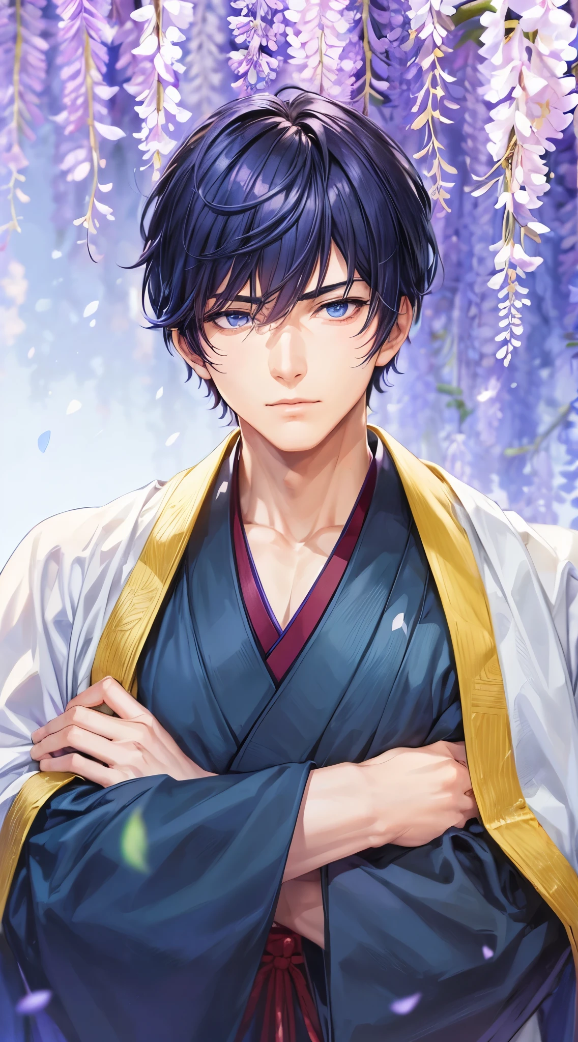 Man in a hakama、handsome anime guy、Cool face、blue eyess、Arms crossed、Very detailed CG Unity 8K wallpaper, (Super masterpiece, Beautiful person, well detailed face contaminated.Photorealistic, hyper realisitic),Wisteria flowers、jpn