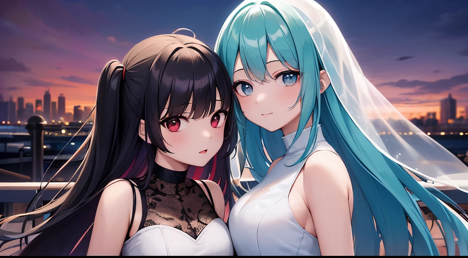 Dos chicas, una chica cabello azul marino, vestido de novia color negro sonrisa ligera, una chica cabello rojo, vestido de novia color rojo oscuro, sonrisa ligera, mirada al frente, de pie, fondo de ciudad con rascacielos, noche, verano