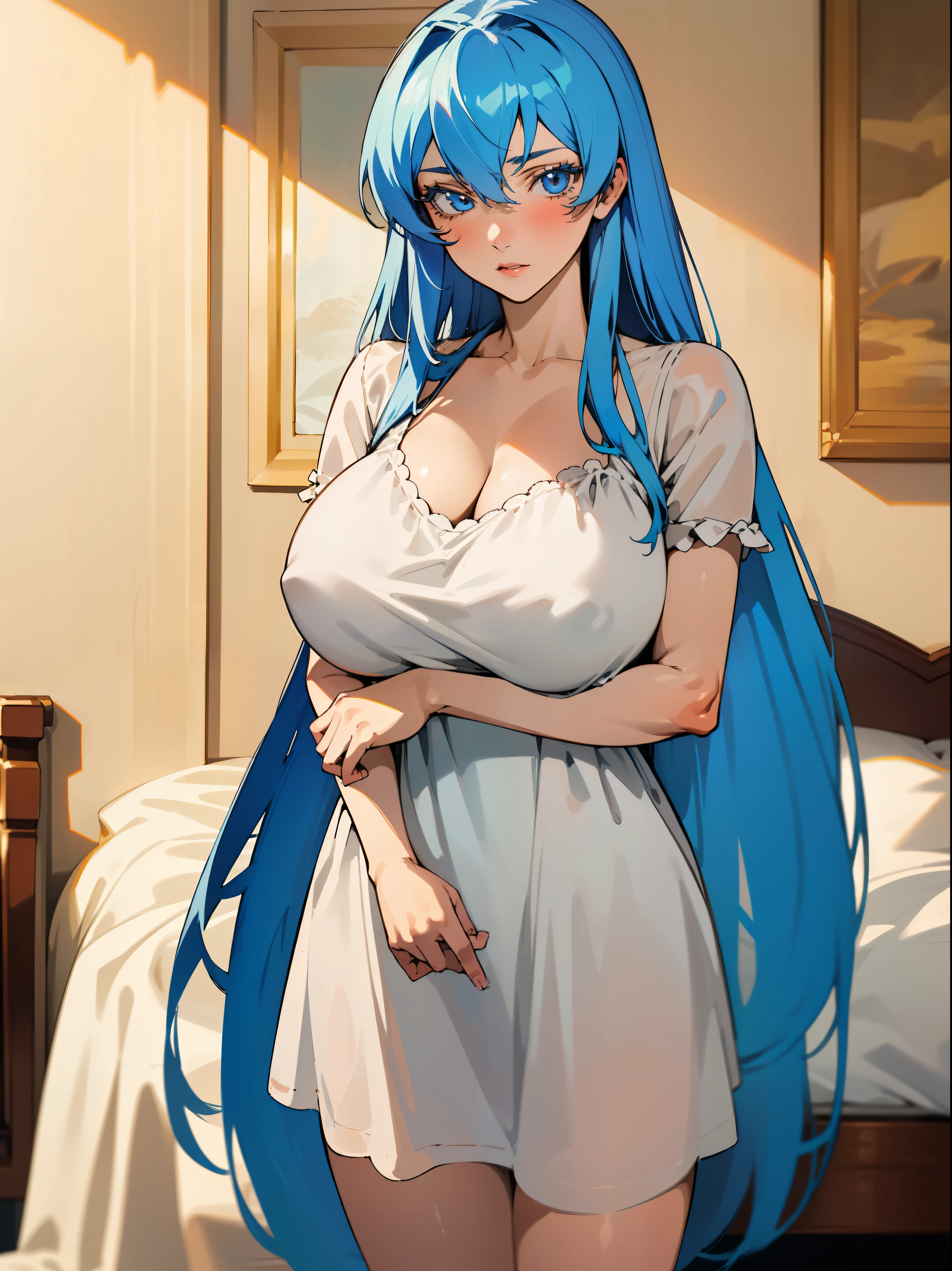 (masterpiece:1.2), (best quality), (ultra detailed), (cowboy:1.2),(highly detailed:1.2),(detailed face:1.2),esdeath 1girl, solo, long hair, blue eyes, blue hair,huge tits, bedroom, Slim, full body in shot, Nightie,