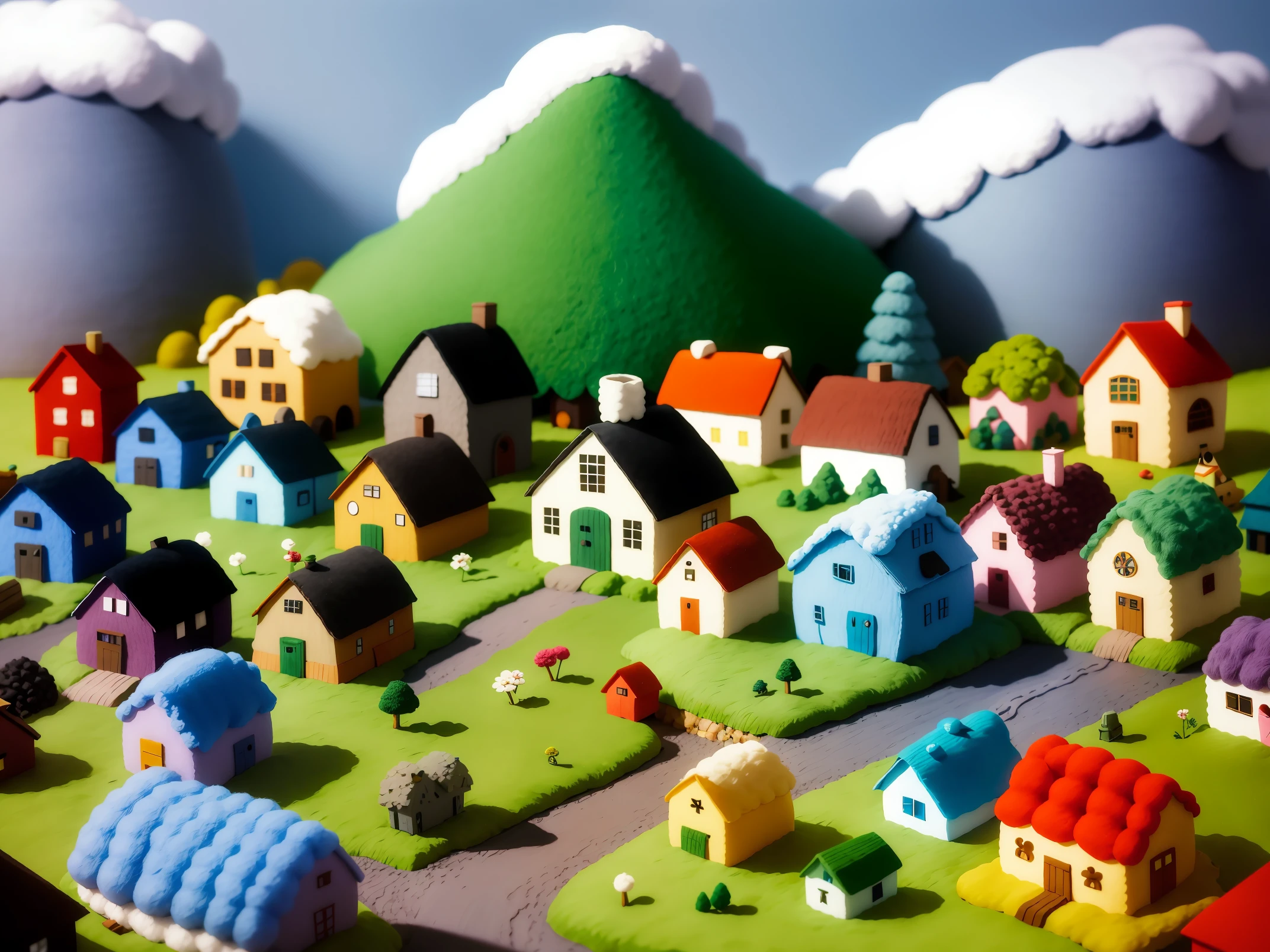cute world of wool felt, wool knitted fabric, cartoon, some small houses, farms, barracks, warehouses, flower houses, super cute, superb lighting, volumetrics, by Jon Klassen, Ghibli Studio style, Tilt - shift, 80mm lens, Large aperture, 3d, blender, masterpiece, super detail, best quality, --v6