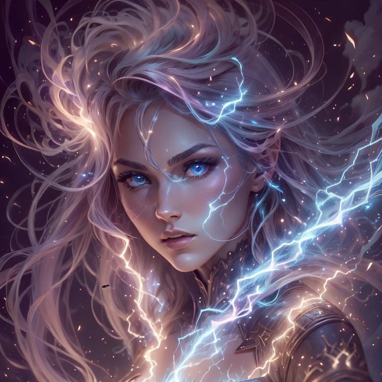 (meilleur qualité,ultra-détaillée,Réaliste:1.37)、Sorcière attaquante avec la magie thunder、Une jeune femme de 18 ans、(yeux perçants:1.5)、look agressif、Tenue élégante、des arc électrique danse autour d'elle、tien un grand sceptre magique enchanté à la magie thunder,à l'extérieur, scène de utilise une attaque thunder avec un cercle magique, un cône de thunder , corps entier,pas de robe; lingerie couleur vive, gros seins,porte jarretelle,