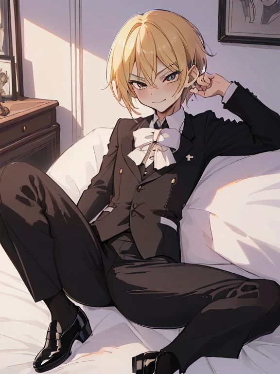 (((,superfine illustration,hight resolution, masutepiece, best qualtiy,Best Quality,)))hightquality, detaileds, (A little boy),12 years old, A young butler male idol with a super cute face,A boy as beautiful as Planding, Cool handsome face with smile,Long legs, thighs thighs thighs thighs, Foots, Bulge, (Blonde hair、spiky hair)、 Short,Shiny hair, (butler&#39;S uniform、Long black trousers),Cool pose, (厚いthighs thighs thighs thighs、Seduce your big ass to your crotch、(((upscale homes)))、((cocky、))、Smirk、Spread legs,Ultra-fine painting, (Best Quality, 4K, 8K, hight resolution, masutepiece:1.2),(((Being aware of the sexual gaze of middle-aged gay men))).、Service Shots、Wear support around your feet、((detailedsな目:1.2))、kawaii eyes、