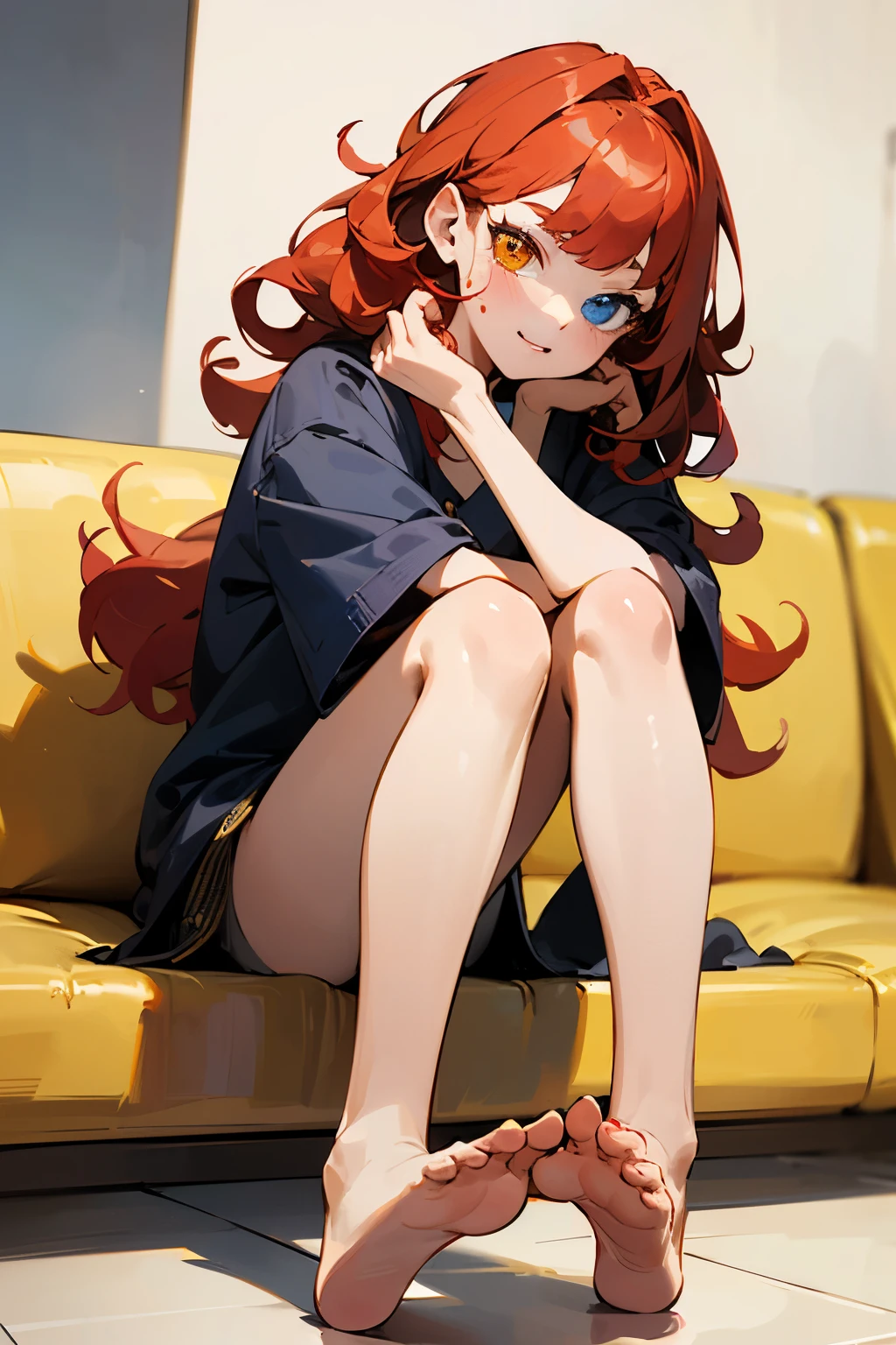 ((La mejor calidad)), ((Obra maestra)), (Detallado), Perfect face A young girl about 18 years old with curly red hair with eyes with heterochromia barefoot with beautiful feet