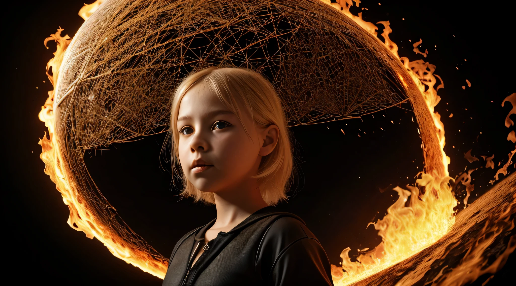 10 year old girl blonde Russian child , fechar para cima, retrato, com longos cabelos loiros, in a BLACK SWAN, The flames are burning in a circle shape, fogoso, icon with a halo of fire, Anel de fogo, bola de fogo, chama, um fogo laranja no fundo, homem, fire type, (fire), esfera preta de fogo, Firenado, Infero Flamejante, Inferno, tema fogo, fire, fogo do inferno, infernal, chamajante, derretido imagem arfed de uma bola de vidro com uma paisagem dentro, Arte 3D digital detalhada, tree of life inside the ball, Arte digital altamente detalhada em 4k, arte digital altamente detalhada, arte digital estilizada, pintura digital altamente detalhada, bola de vidro, pintura digital altamente detalhada, arte digital altamente detalhada, 3 d render bipe, 8k arte impressionante