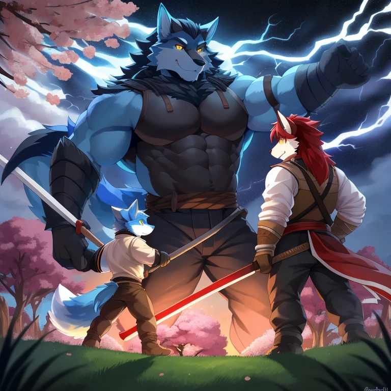Por null-ghost,blue fox,musculoso,cabelo de samurai,White shirt,black jeans pants,bota preta,relogio,Scythe,macho,ar livre,arvores de serejeira,sakura,dynamic camera,detalhado,bright yellow eyes,lightning,dark sky
