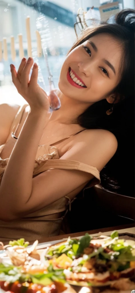 (On a table, Best quality, realistically, ultra - detailed, meticuloso, A high resolution, 8k wallpaper), Close-up portrait of a beautiful woman, Chariada, Smiling, light brown messy hair, Perfect dynamic composition, 美丽meticuloso的眼睛, Just like the cover of a fashion magazine, On campus