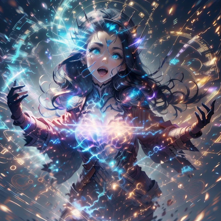 (meilleur qualité,ultra-détaillée,Réaliste:1.37)、Sorcière attaquante avec la magie Thunder、Une jeune femme de 18 ans、(yeux perçants:1.5)、look agressif、Tenue élégante、des arc électrique danse autour d&#39;elle、tien un grand sceptre magique enchanté à la magie du tonnerre,à l'extérieur, scène de utiliser une attaque Thunder avec un cercle magique, un cône de tonnerre , corps entier,pas de robe; lingerie couleur vive, gros seins,porte jarretelle,