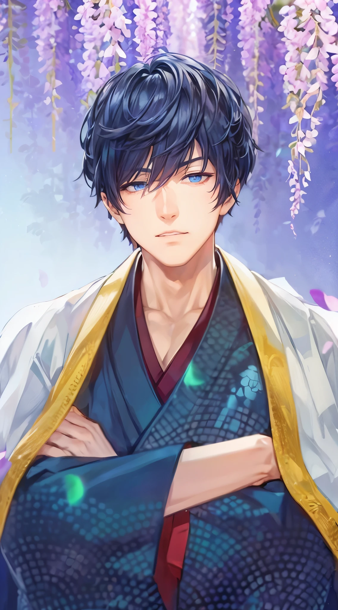 Man in a hakama、handsome anime guy、Cool face、blue eyess、Arms crossed、Very detailed CG Unity 8K wallpaper, (Super masterpiece, Beautiful person, well detailed face contaminated.Photorealistic, hyper realisitic),Wisteria flowers、jpn