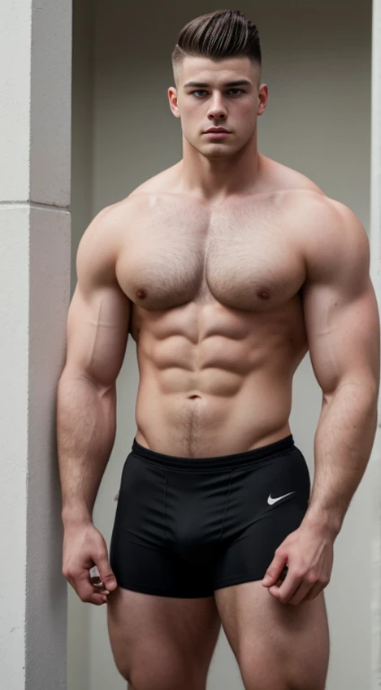 White young man , american football player, 18 years old, low taper fade haircut, black hair, blue eyes fixed, intense gaze, affiliated features, no facial hair, height 1.93, weight 100 kg, aesthetic muscular build, broad shoulders, V-shaped body, full body focus, completely hairless,