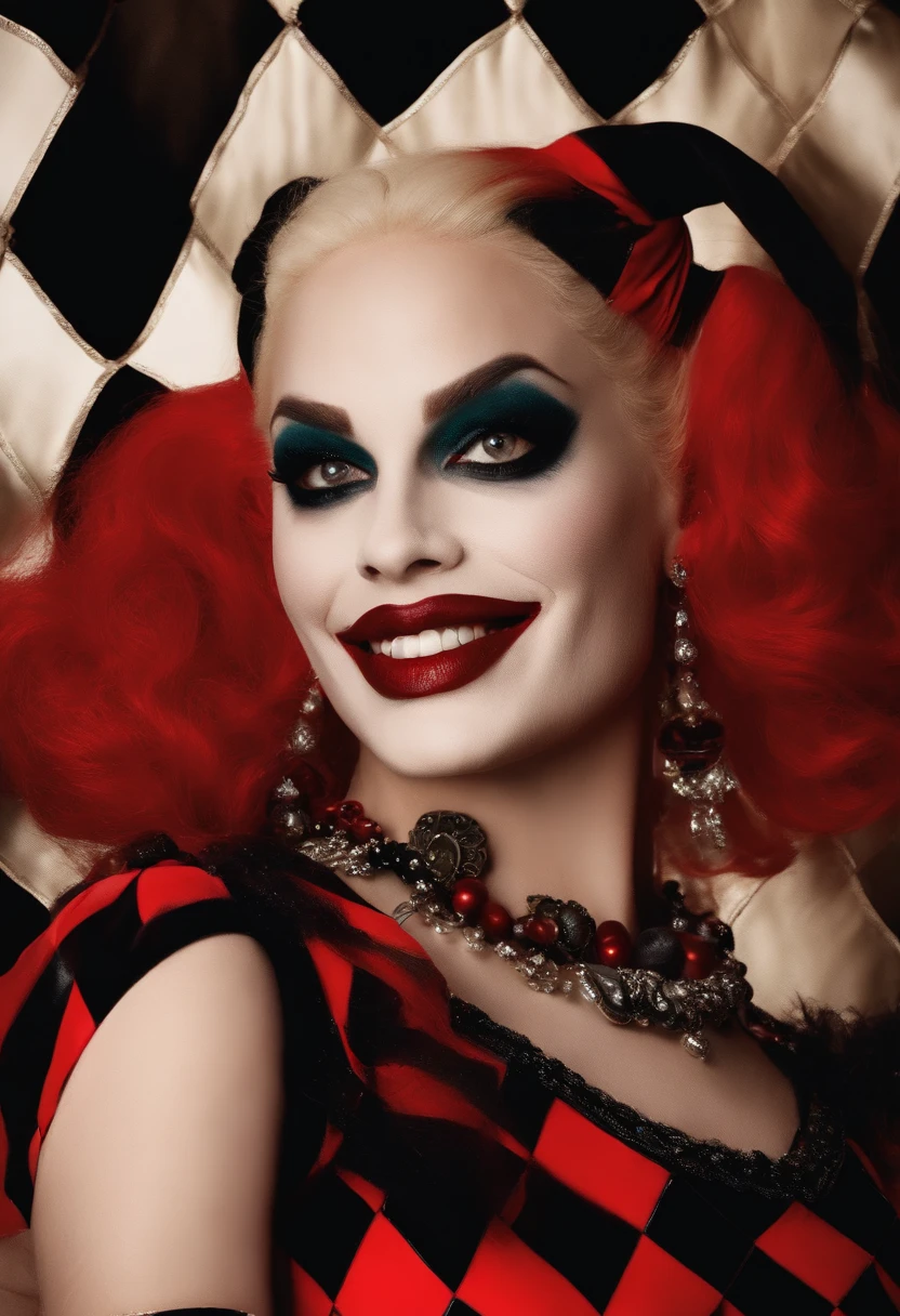 Harley Quinn in her classic red and black harlequin costume