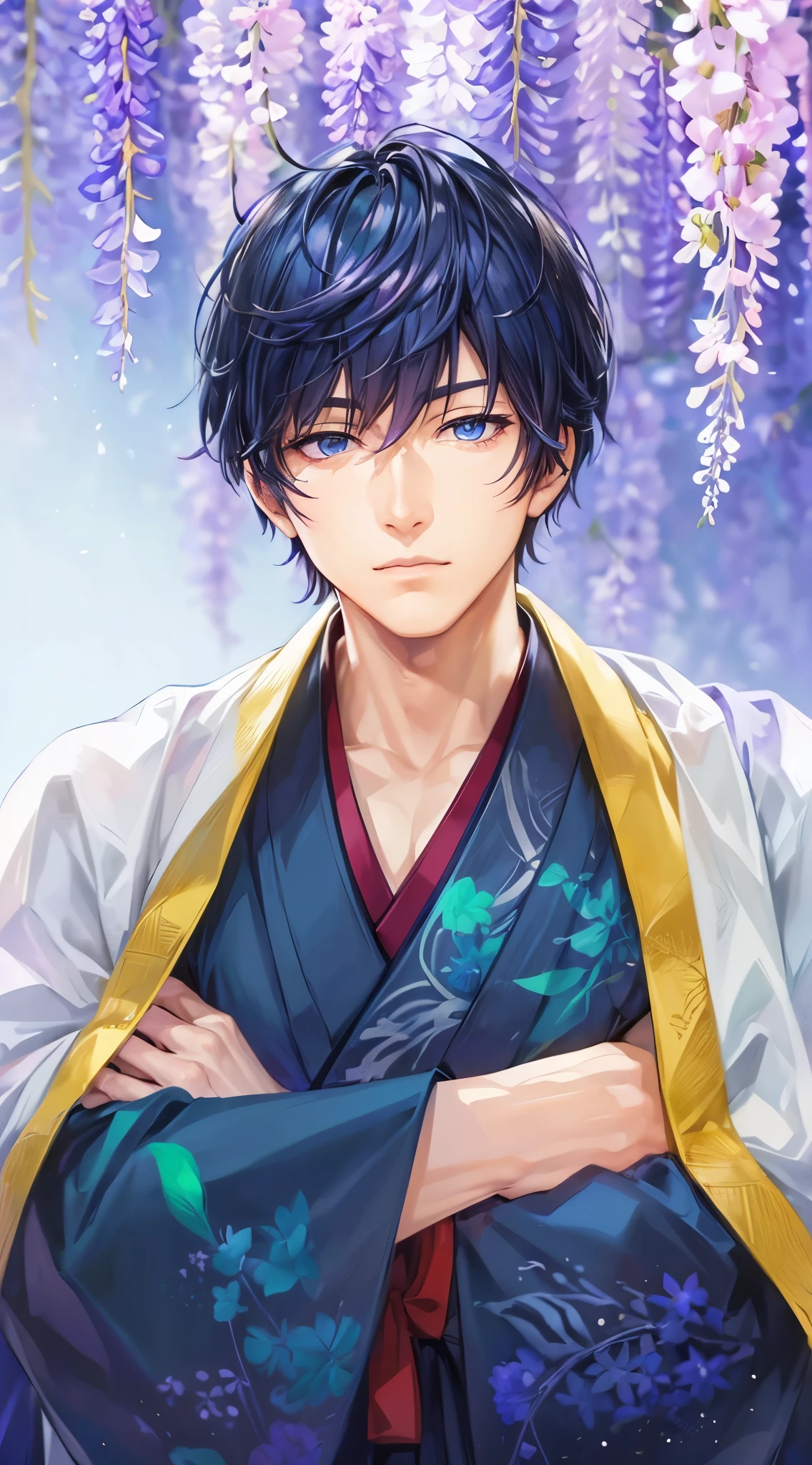 Man in a hakama、handsome anime guy、Cool face、blue eyess、Arms crossed、Very detailed CG Unity 8K wallpaper, (Super masterpiece, Beautiful person, well detailed face contaminated.Photorealistic, hyper realisitic),Wisteria flowers、jpn