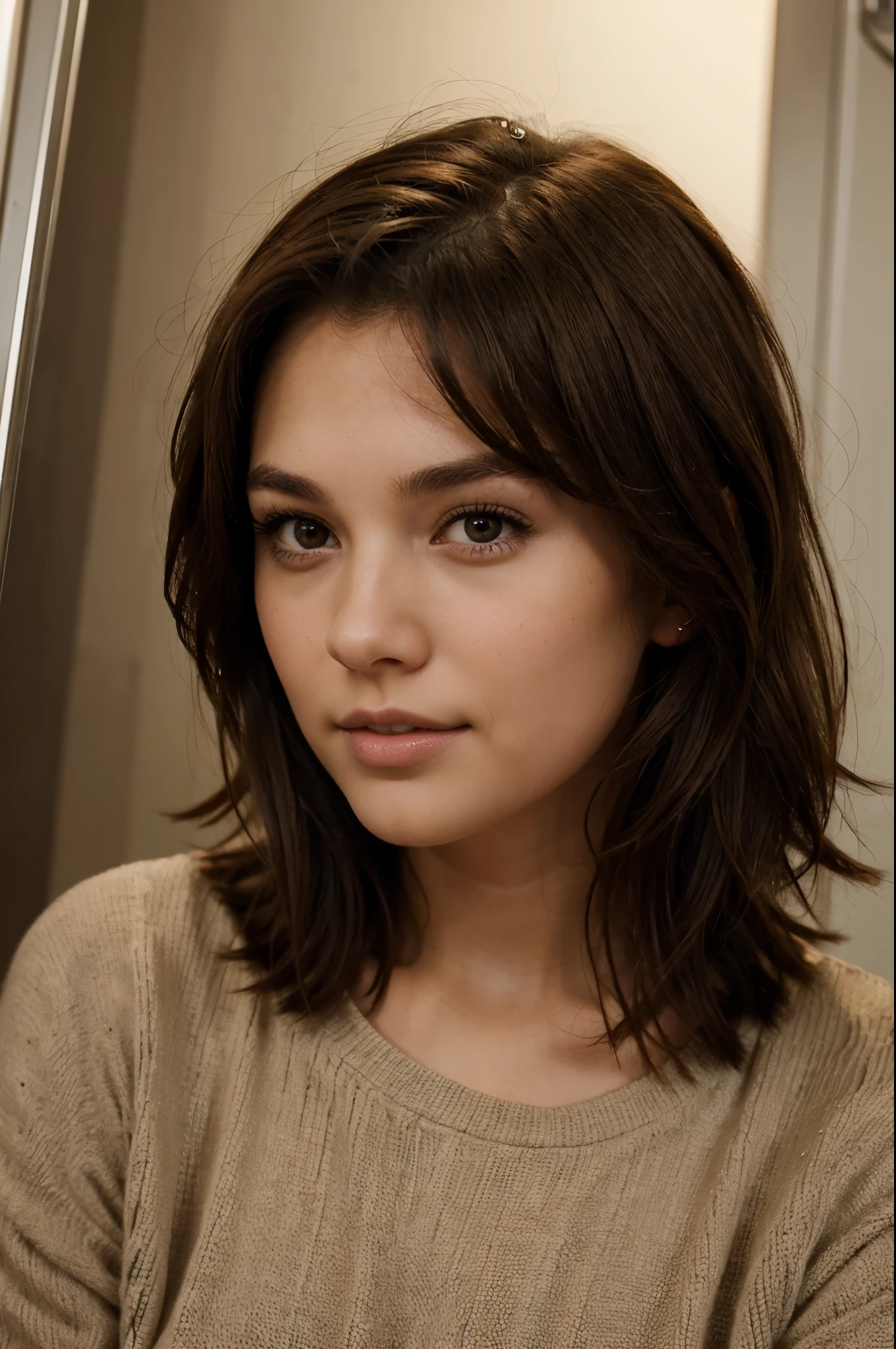 A beautiful young adult with very short brown hair and brown eyes