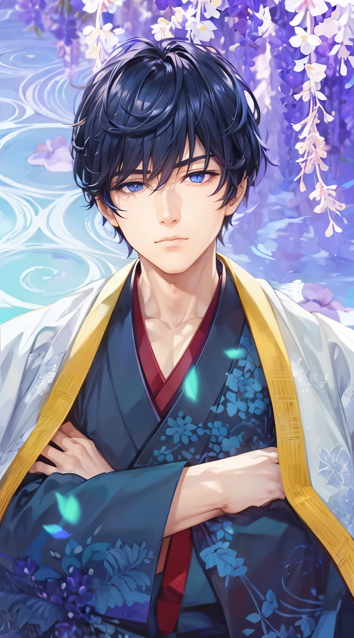 Man in a hakama、handsome anime guy、Cool face、blue eyess、Arms crossed、Very detailed CG Unity 8K wallpaper, (Super masterpiece, Beautiful person, well detailed face contaminated.Photorealistic, hyper realisitic),Wisteria flowers、jpn