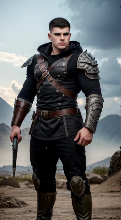 Muscular and strong warrior man with shiny black metallic armor, fierce and strong appearance, his strong muscles are seen with a large sword, black metallic helmet with thorns, attack attitude, outside a medieval gothic castle with snow, and fog surreal looking, photorealistic, cinematic, photographic appearance, orange lighting, RAW style