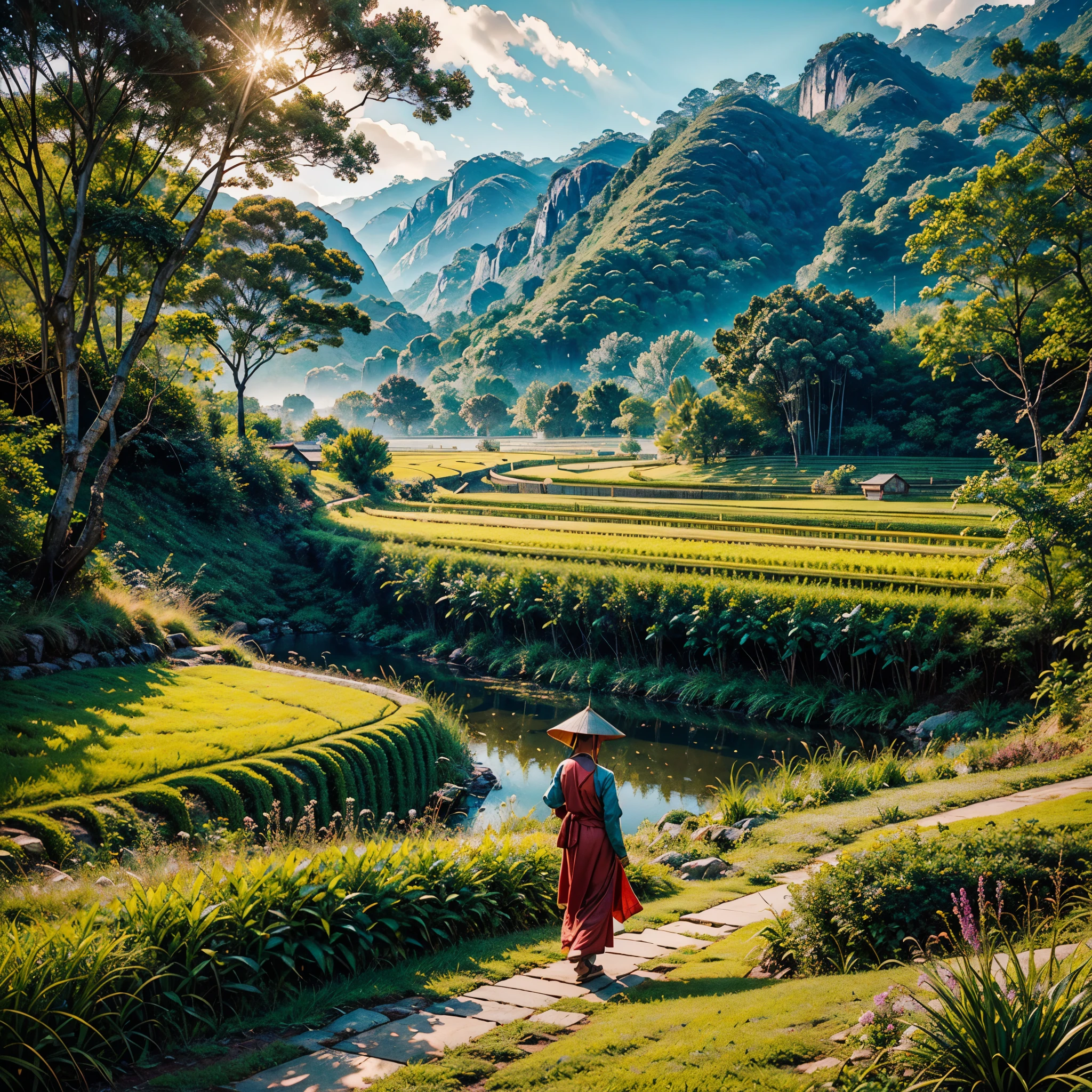 Sunshine Stunning sunrise, vibrant vivid colors-coded,deep path equirectangular farm life, ultra masterpiece meticulously intricate ultra_high-details ultra_high-def ultra_high-res ultra_high-quality optimal ultra_sharpness ultra_photo-realistic focus perfection accurate UHD XT3 DSLR HDR Octane_render Unrealengine5 volumetric SunLight scenic Southeast Asia stairs field,farmer working diligently,traditional Vietnamese farmer attire,natural sunlight illuminating the scene,colorful chickens happily pecking the ground,authentic Vietnamese rural setting,lush green rice terraces stretching into the distance,serene and picturesque landscape,peaceful and harmonious atmosphere,farmer's hardworking spirit,traditional farming techniques passed down through generations,cultural richness and heritage of Vietnam,meticulously detailed steps of the stairs field,subtle texture of the terraced fields,layered composition of the agricultural landscape,charming and idyllic countryside scene,immersive view of the rustic scenery, cultural context of Southeast Asia,Vietnamese craftsmanship and agricultural traditions shining through,authentic portrayal of the farmer's daily life,diligent caretaker of the land,stunning visual storytelling,emotionally captivating artwork,mesmerizing perspective capturing the essence of the moment,awe-inspiring depiction of the Southeast Asian farming community,inspiring and thought-provoking artwork,immersive and evocative piece of Southeast Asian art,exquisite attention to detail,showcasing the natural beauty and simplicity of rural life,meticulous craftsmanship and precision in each brushstroke,compelling narrative that sparks curiosity and imagination,stunning play of light and shadow across the scenery,evoking a sense of tranquility and serenity,embodying the timeless beauty of Southeast Asia's agricultural landscapes,inviting viewers to experience the charm and authenticity of Vietnam's countryside varies ❤ multi etc. --s 1000 --c 20 --q 20 --chaos 100