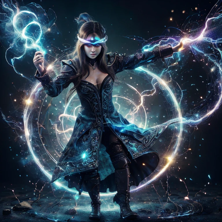 (meilleur qualité,ultra-détaillée,Réaliste:1.37)、Sorcière attaquante avec la magie Thunder、Une jeune femme de 18 ans、(yeux perçants:1.5)、look agressif、Tenue élégante、des arc électrique danse autour d'elle、tien un grand sceptre magique enchanté à la magie du tonnerre,à l'extérieur, scène de utiliser une attaque Thunder avec un cercle magique, un cône de tonnerre , corps entier,pas de robe; lingerie couleur vive, gros seins,porte jarretelle,