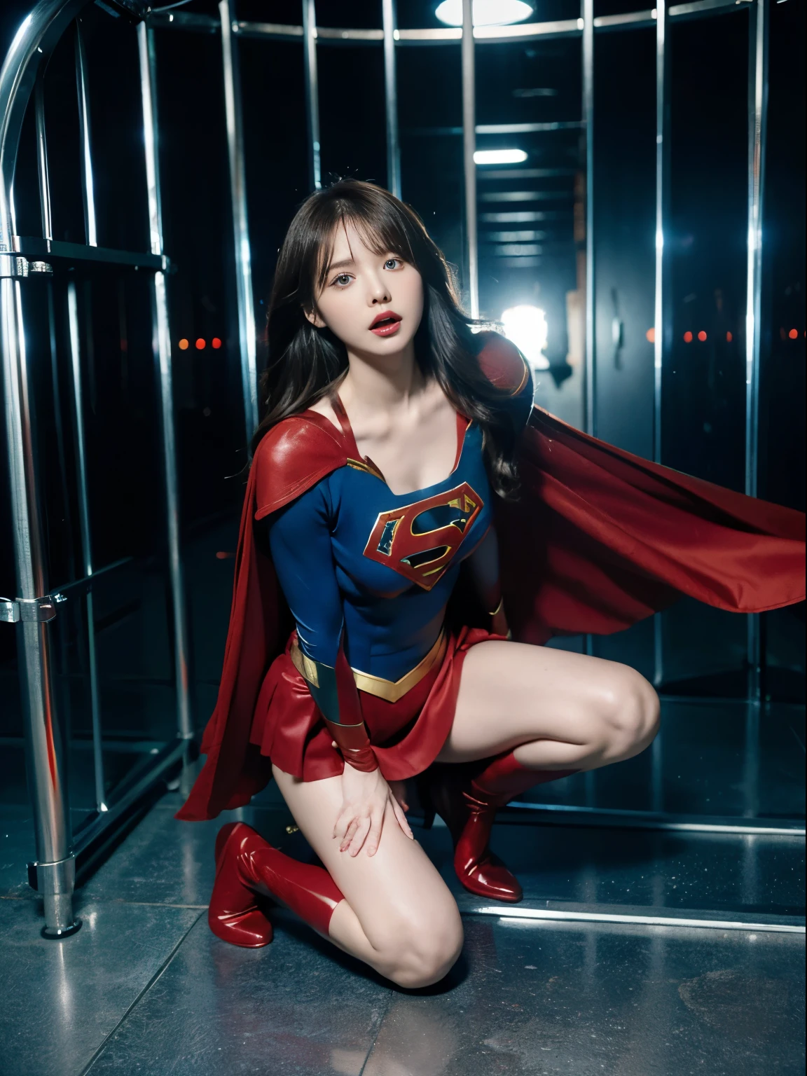 (supergirl)，Beautuful Women，Supergirl costumes，Breasts scared expression，(jail)，(prison)，(in a cage)，Crawling on all fours，crawling on hands and knees，Kneeling position，Posture with buttocks sticking out，((put out the tongue))，((Drooling))，Kamimei，(Chained collar)， Cuffed，fetters，surrealism, F/1.2, Fuji Film, 35 mm, 8K, Super Detail, nffsw, masutepiece, Textured skin, High quality, Best Quality, hard disk