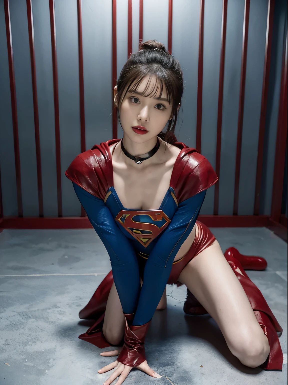 (supergirl),Beautuful Women,Supergirl costumes,Breasts scared expression,(jail),(prison),(in a cage),Crawling on all fours,crawling on hands and knees,Kneeling position,Posture with buttocks sticking out,((put out the tongue)),((Drooling)),Kamimei,(Chained collar), Cuffed,fetters,surrealism, F/1.2, Fuji Film, 35 mm, 8K, Super Detail, nffsw, masutepiece, Textured skin, High quality, Best Quality, hard disk