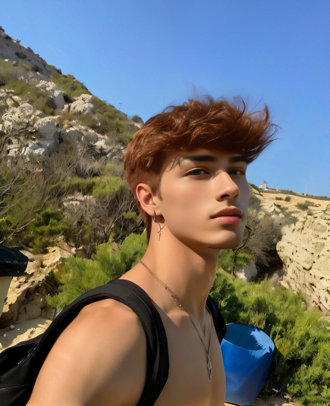 hombre arafed con una mochila en una colina rocosa con un cubo azul, delicate androgynous prince, beautiful androgynous prince, 18 years old, por Alexis Grimou, Jovencitos, Joven griego, 1 6 years, androgynous person, tommy 1 6 years, Foto de perfil de la foto de cabeza, Julian Ope, chico pelirrojo