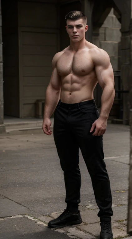 White young man , vampire hunter, 18 years old, military haircut, black hair, blue eyes fixed, intense gaze, affiliated features, no facial hair, height 1.93, weight 100 kg, aesthetic muscular build, broad shoulders, V-shaped body, full body focus, completely hairless,