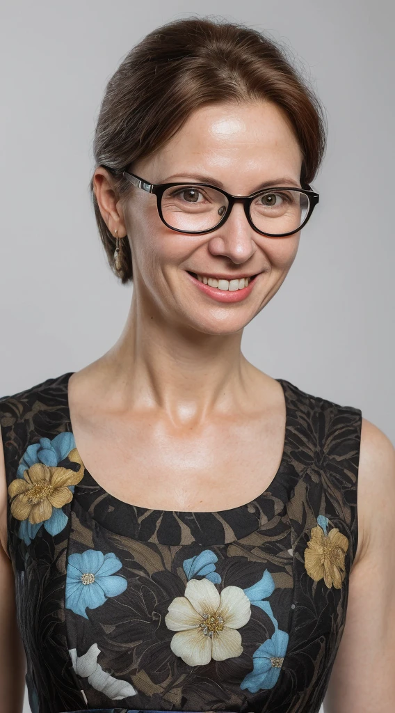 arafed woman with glasses smiling and looking at the camera, short neck length brown hair, wearing a black and blue floral sun dress, amanda lilleston-jennifer wuestling-geri keary-fiona staples-rachel birkett-sabrina lloyd-katinka reinke-julie dillon-miranda meeks-dawn mcteigue-laura watson merged, entire body visible, full body, hyperrealistic, best quality, 8K, real human skin, masterpiece, extremely intricate, medium closeup, detailed eyes, detailed face, detailed body, exaggerated features, pronounced features
