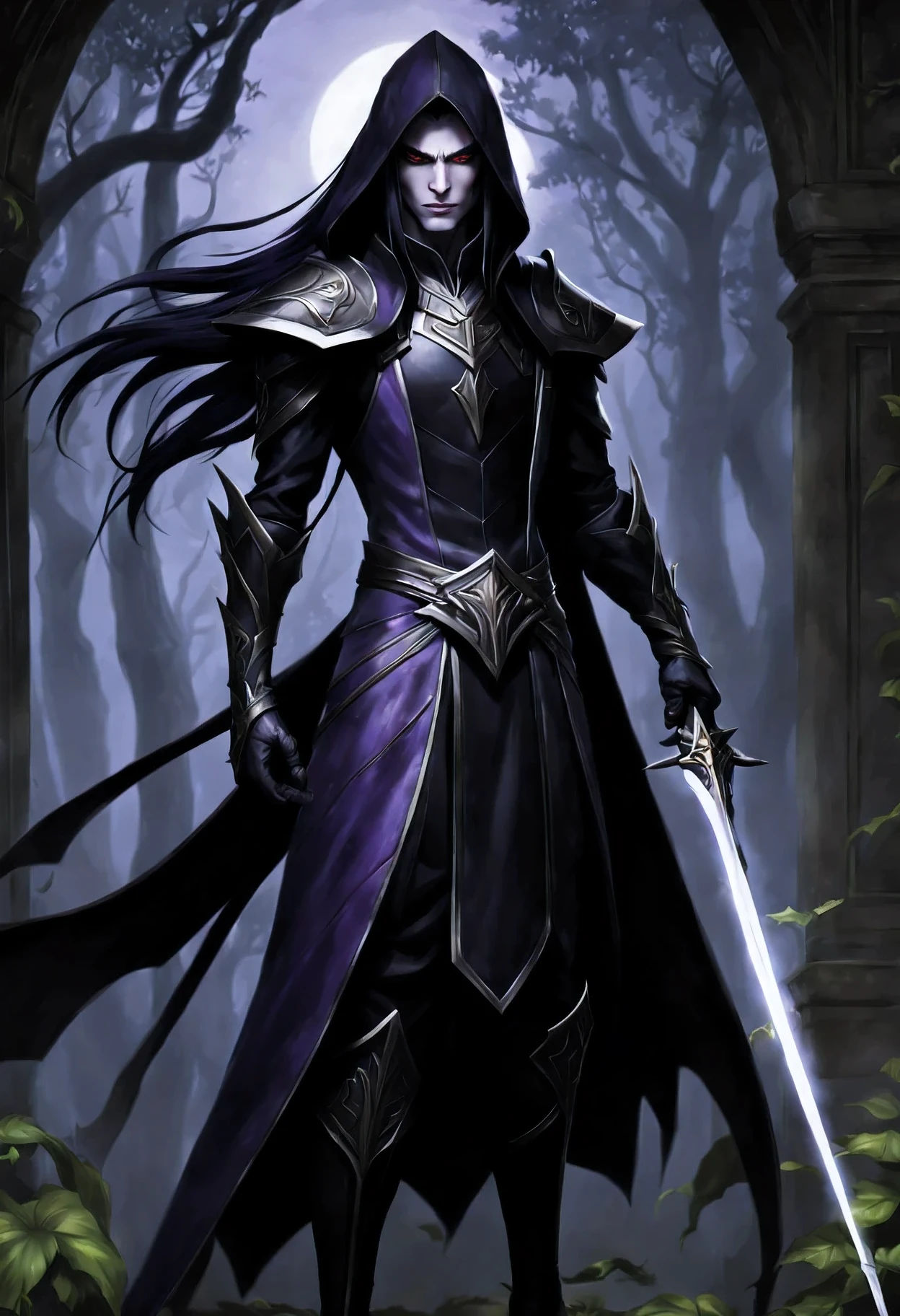 (masterpiece, very detailed context:1.3) (Devil Man Orochimaru:0.8) (s--2000:0.8) generate an image of a dark male elf assassin named Sylrath Nightshade. (captivating and intimidating beauty: 1.2), (pale skin: 1.1). He possesses a captivating yet intimidating beauty, with pale skin similar to the glow of the moon and long flowing ebony hair framing his angular face. His deep purple eyes twinkle with a mysterious light, highlighting his magical legacy. Dressed in elegant black armor adorned with intricate dark patterns, he exudes an air of sinister elegance. (male) Facing his levitating prey in the air, the figure in black stands in front of him, his coat floating behind him and a hood above his head. A tribal mark adorns his right arm, symbolizing his allegiance to the dark Ones. With a mixture of grace and lethality, Sylrath moves with silent agility, armed with sharp daggers, deadly poisons, and an elegant bow for ranged attacks. This invitation is an invitation to evoke an image of Sylrath Nightshade, the incarnation of a Dark Elf assassin, with all his captivating and dark features. Black detective genre, highly detailed, digital painting, artstation, concept art, smooth and sharp illustration, ArtStation HQ, masterpiece|best quality|ultra-detail|high resolution|dynamic|floating,fr)