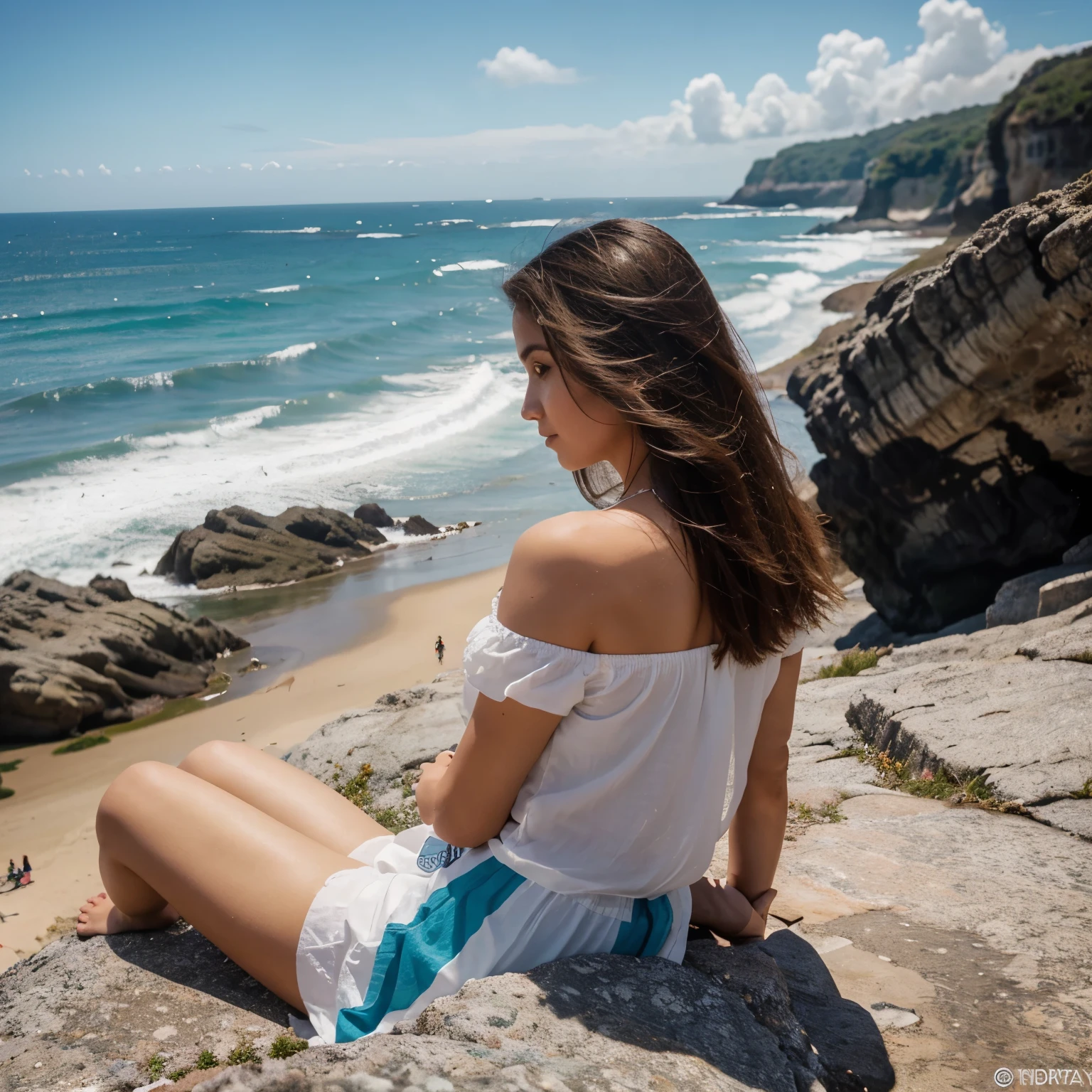 Gere uma imagem realista de uma jovem exploradora digital chamada Aurora Santos. Ela tem 25 anos, tem olhos castanhos expressivos e cabelos pretos com brilho natural. Its appearance is vibrant and authentic, reflecting a mix of curiosity and elegance. (Vista-se com estilo Equilibrando conforto e moda), she is sitting on a rock in front of the sea, She's with her back to the camera, plano de foto geral, she is looking at the sea
