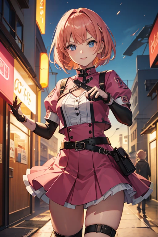1girl in,Cowboy Shot, Beautiful Nora_valkyrie, Looking at Viewer, Smile, Short hair, Blue eyes,heart cutout, gloves,  Jacket, Pink skirt, Pink belt, Short sleeves, Puffy sleeves, Single armband, fingerless gloves, Orange hair, pink gloves, Dynamic Pose, Night, Outdoors, city, (Volumetric lighting), Best Quality, masutepiece, Intricate details, tonemapping, Sharp Focus, Hyper Detailed, Trending on ArtStation,