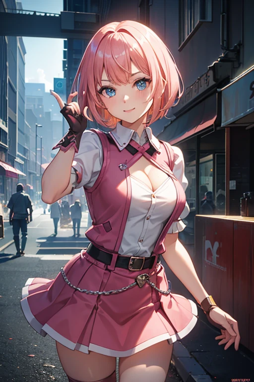 1girl in,Cowboy Shot, Beautiful Nora_valkyrie, Looking at Viewer, Smile, Short hair, Blue eyes,heart cutout, gloves,  Jacket, Pink skirt, Pink belt, Short sleeves, Puffy sleeves, Single armband, fingerless gloves, Orange hair, pink gloves, Dynamic Pose, Night, Outdoors, city, (Volumetric lighting), Best Quality, masutepiece, Intricate details, tonemapping, Sharp Focus, Hyper Detailed, Trending on ArtStation,