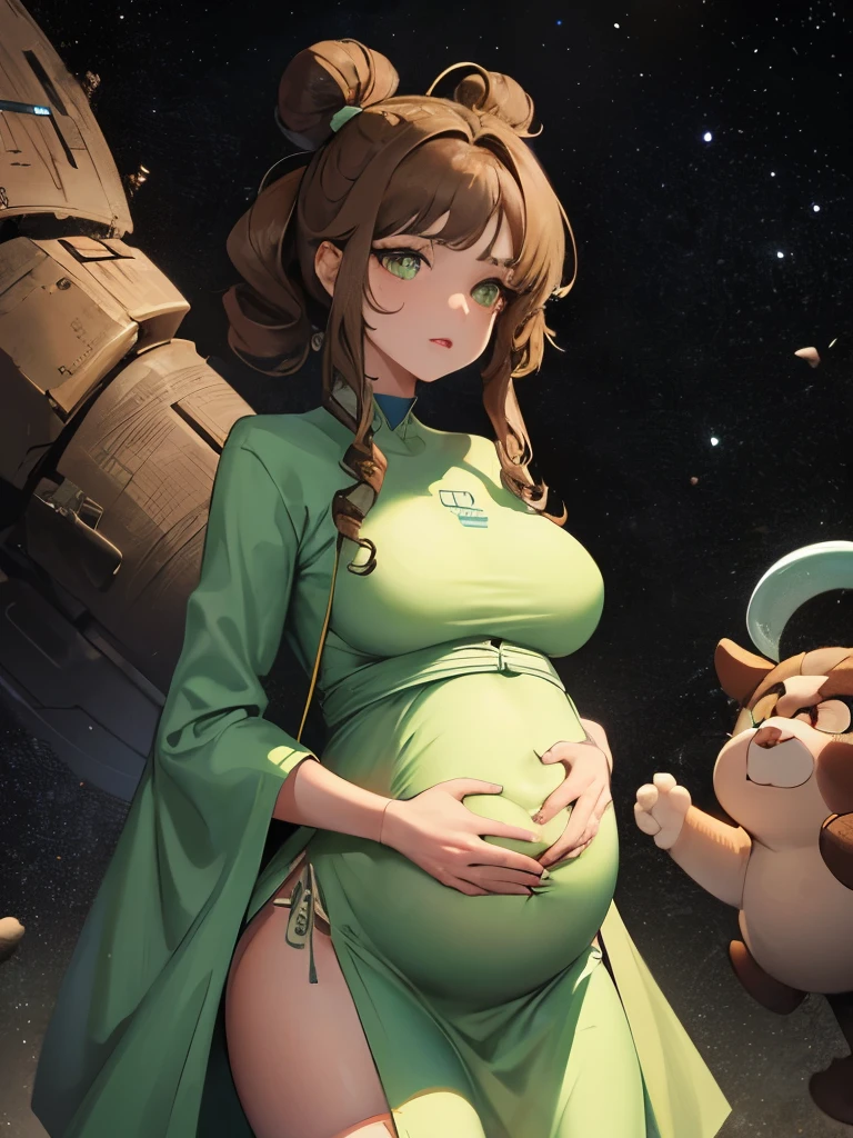 Squig pregnancy, alien pregnancy, girl, adult, tall, woman, brown hair, green eyes, tied up hair, spacebuns, curly hair, dress, beautiful, big bump